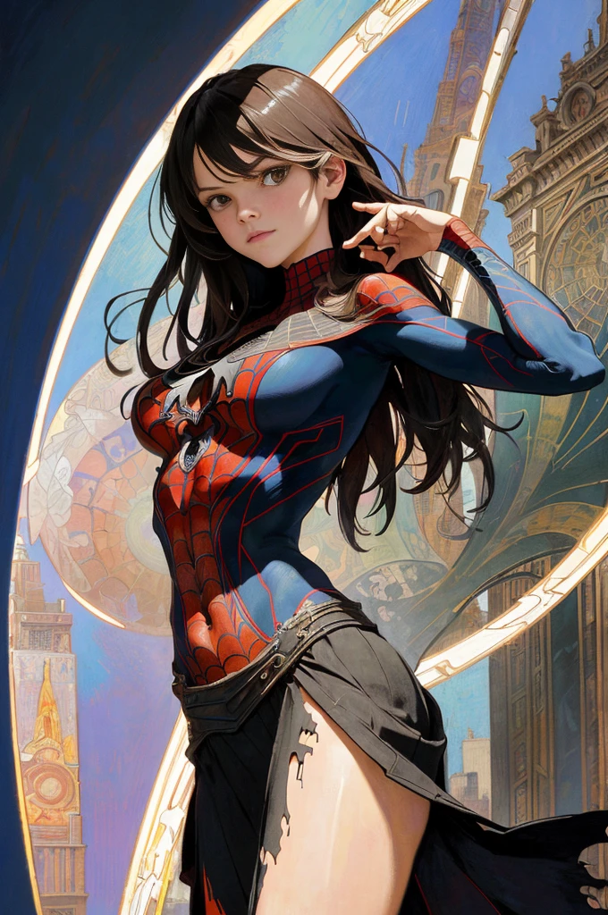 Rachel Bilson、Sticking out the navel、newyork、She wears a torn Spider-Man suit,wearing skirt、abstract photorealistic、artistic、Alphonse Mucha's painting(masterpiece、top-quality、hight resolution:1.4)、detaileds、intricate-detail、4K、color splashes、line-drawing、Fibonacci、