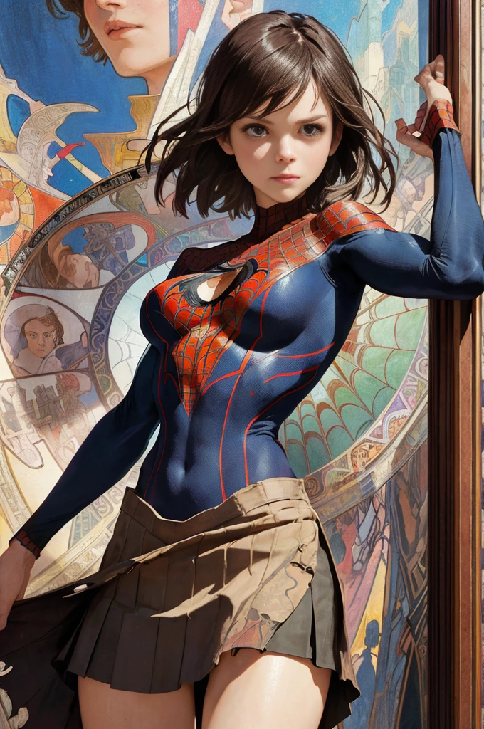 Rachel Bilson、Sticking out the navel、newyork、She wears a torn Spider-Man suit,wearing skirt、abstract photorealistic、artistic、Alphonse Mucha's painting(masterpiece、top-quality、hight resolution:1.4)、detaileds、intricate-detail、4K、color splashes、line-drawing、Fibonacci、