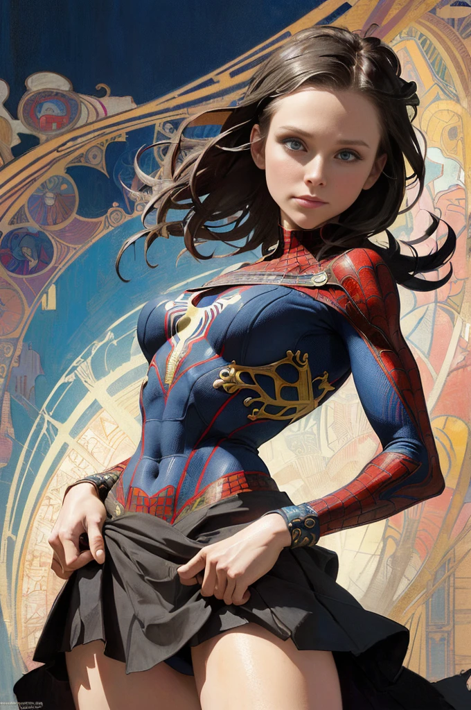 Kristen Bell、Sticking out the navel、newyork、She wears a torn Spider-Man suit,wearing skirt、abstract photorealistic、artistic、Alphonse Mucha's painting(​masterpiece、top-quality、hight resolution:1.4)、detaileds、intricate-detail、4K、color splashes、line-drawing、Fibonacci、