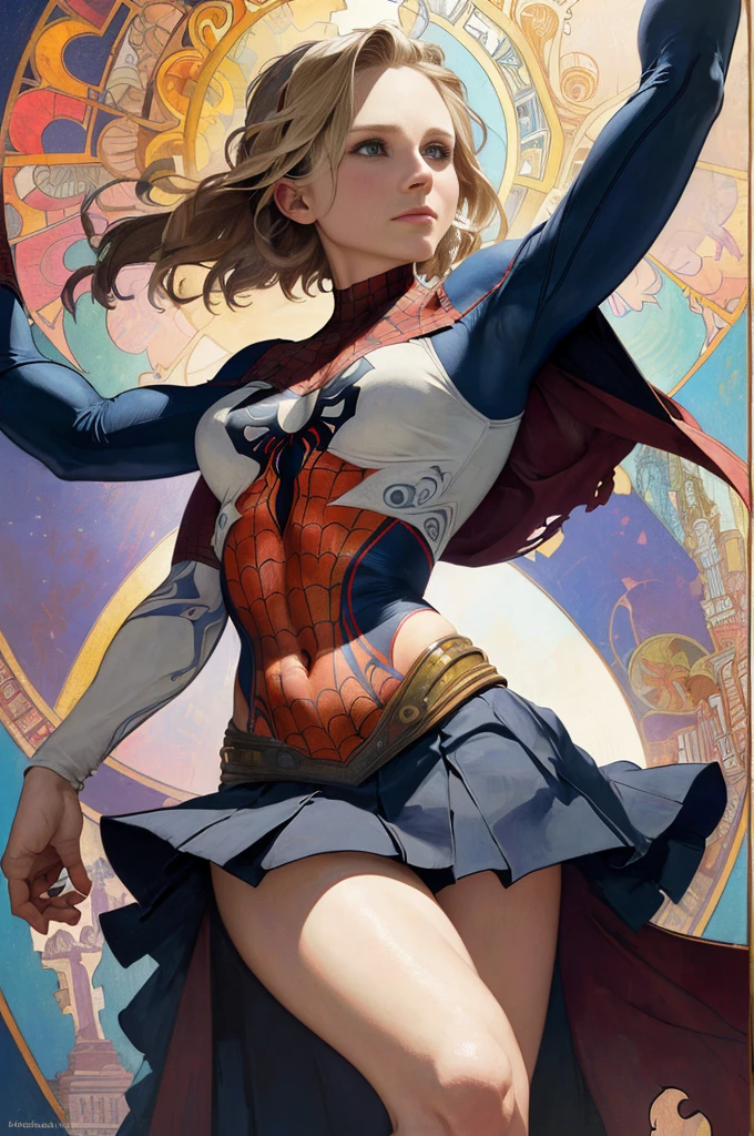 Brie Larson、stick out the navel、new york、wearing a torn spiderman suit、Wearing a skirt、Abstract and realistic、Artistic、Alphonse Mucha paintings(masterpiece、Highest quality、High resolution:1.4)、detailed、Exquisite detail、4K、Splashes of color、Line art、Fibonacci、