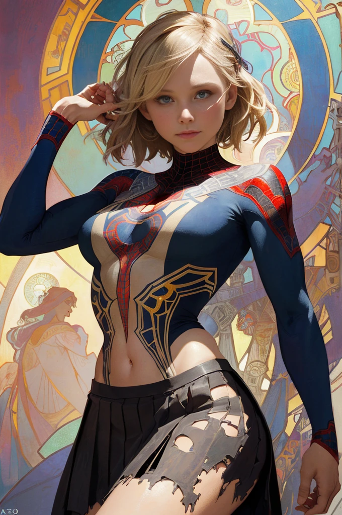 chloë grace moretz、Sticking out the navel、newyork、She wears a torn Spider-Man suit,wearing skirt、abstract photorealistic、artistic、Alphonse Mucha's painting(masterpiece、top-quality、hight resolution:1.4)、detaileds、intricate-detail、4K、color splashes、line-drawing、Fibonacci、