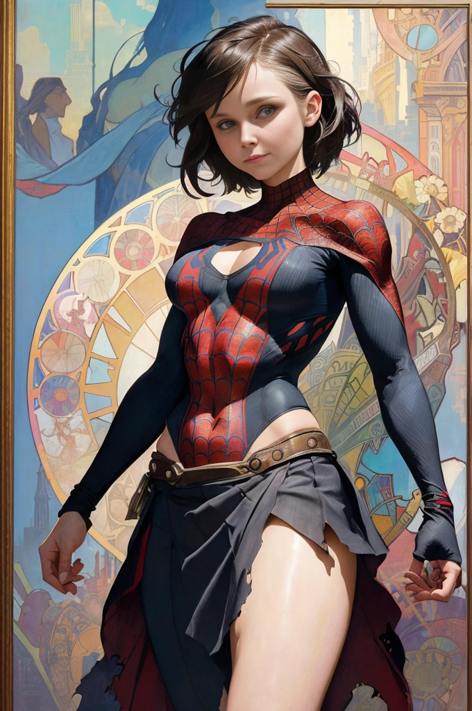 chloe grace moretz、Sticking out the navel、newyork、She wears a torn Spider-Man suit,wearing a skirt、abstract photorealistic、artistic、Alphonse Mucha's painting(masterpiece、highest quality、High resolution:1.4)、detailed、複雑なdetailed、In 4K、color splash、line drawing、fibonacci、