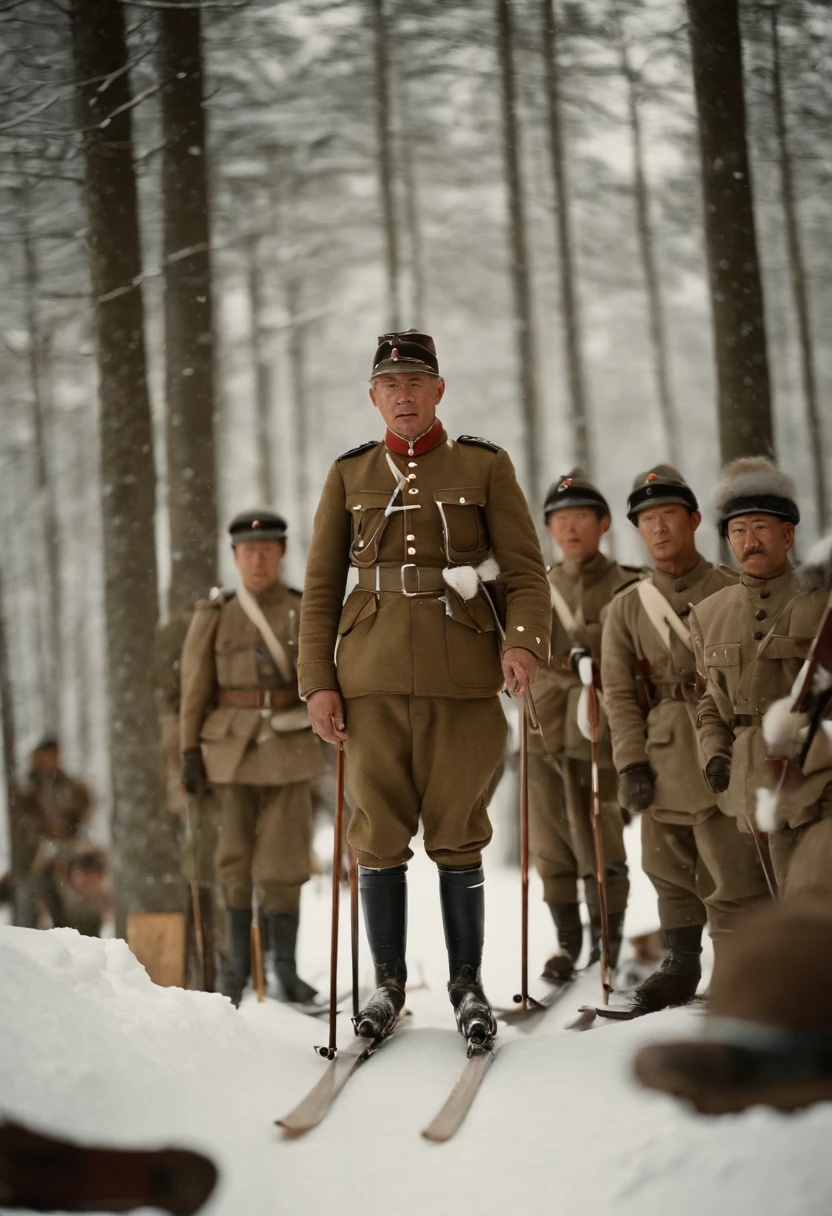 Major Theodor Edler von Lerch of the Austrian Army teaches monoskiing to 11 Japanese soldiers.、Major Lerch taught skiing techniques to 11 members of the Japanese Army, including Bunjiro Horiuchi.。Monoski with only one ski、In the snowy mountains of Niigata Prefecture、1911 photo、phot、photoreaslistic、Color、coloring、Highly colored、