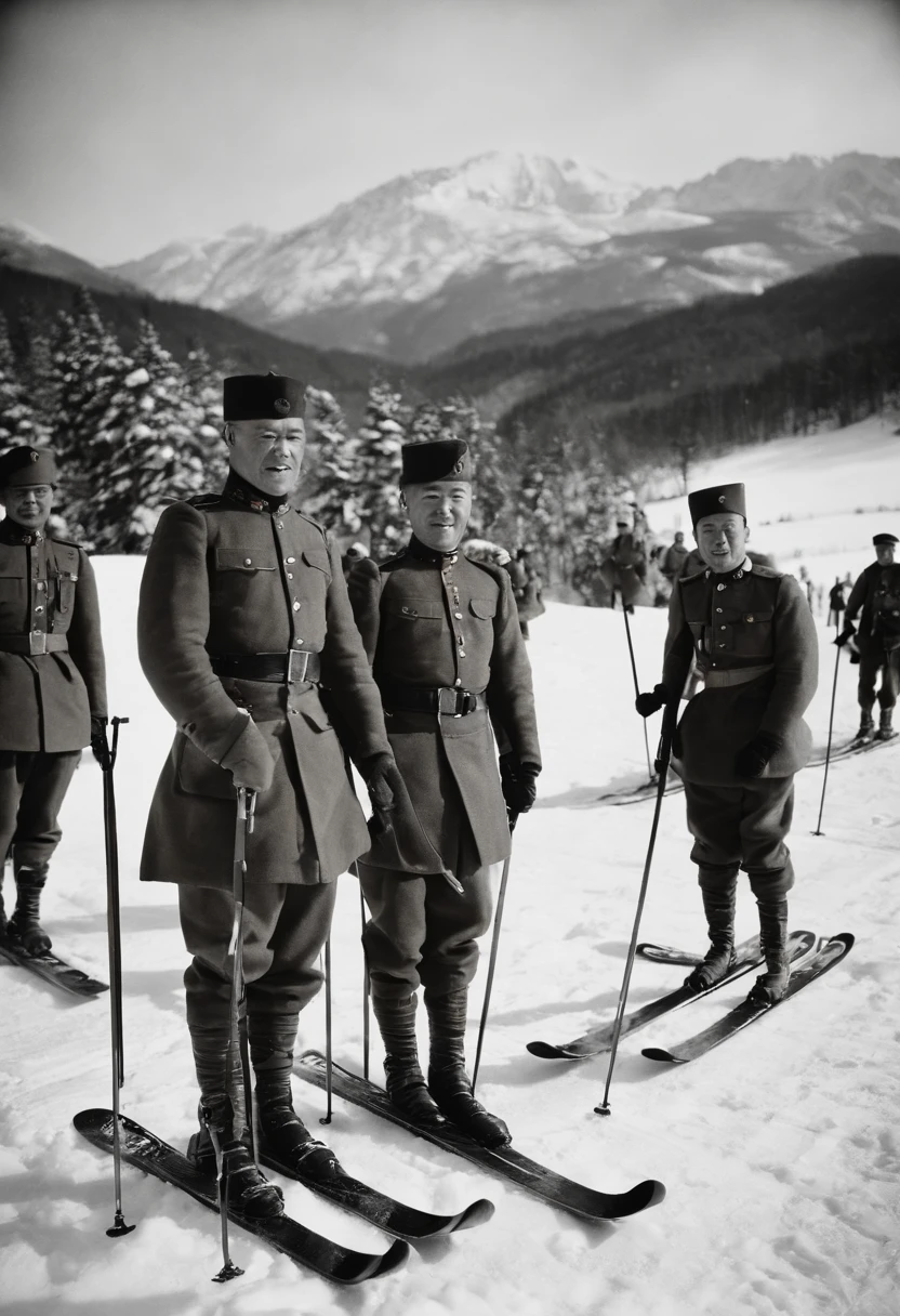 Major Theodor Edler von Lerch of the Austrian Army teaches monoskiing to 11 Japanese soldiers.、Major Lerch taught skiing techniques to 11 members of the Japanese Army, including Bunjiro Horiuchi.。Monoski with only one ski、In the snowy mountains of Niigata Prefecture、1911 photo、phot、photoreaslistic、Color、coloring、Highly colored、