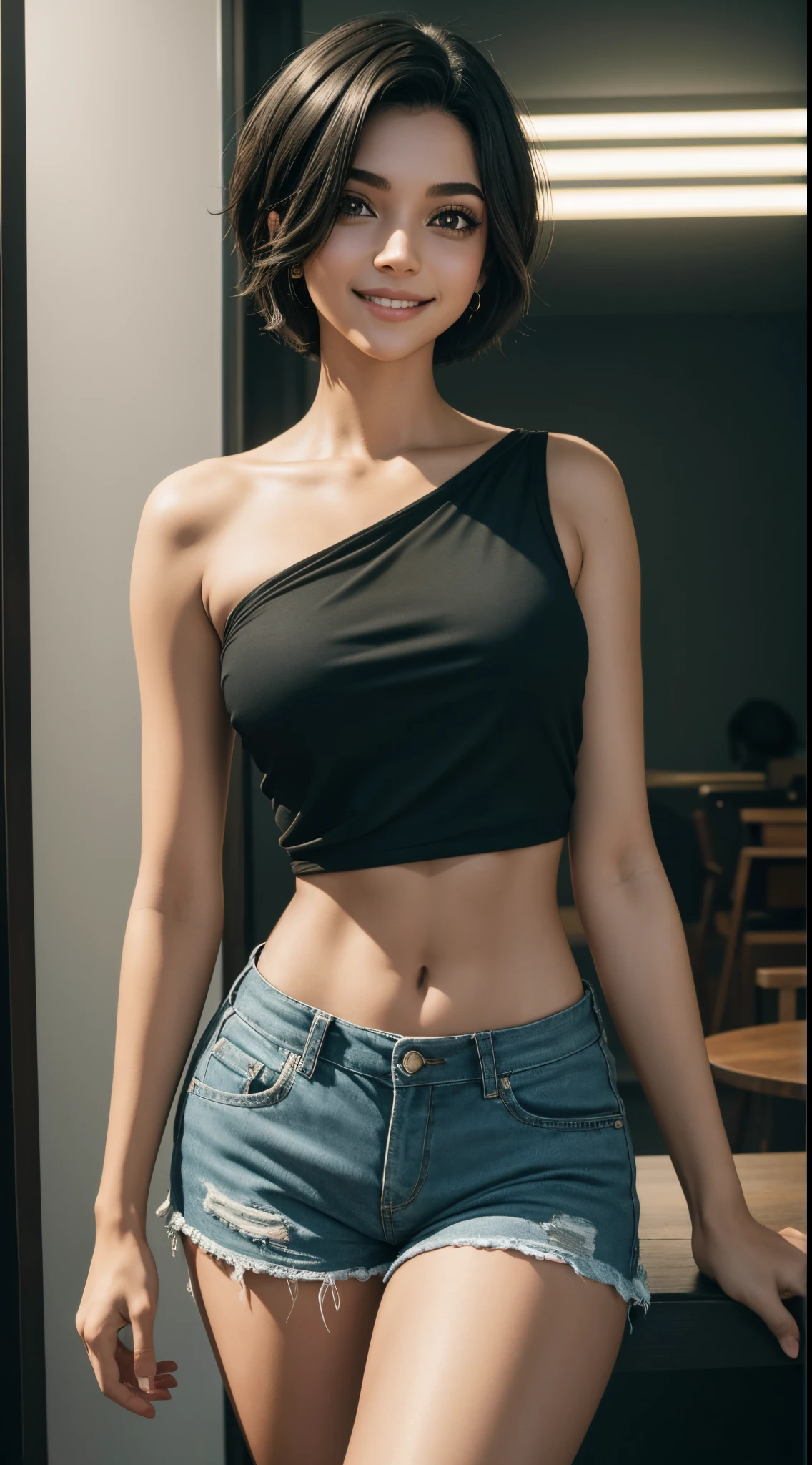 uma jovem de cabelo preto, olhos verdes, short hair up to the shoulders, ela esta na sala, ela esta de roupa, shorts e blusinha,  she is happy, melhor fotografia, obra prima, luz cinematografica, She's smiling