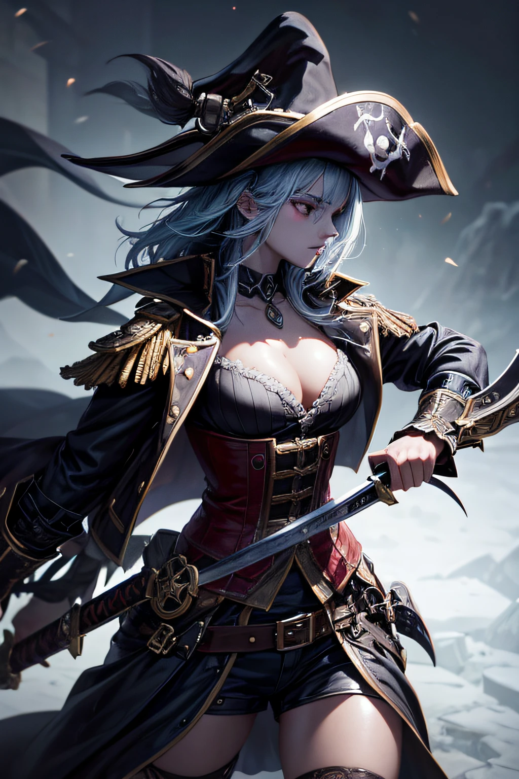 young demonic undead girl, dark pirate captain, evil look, ripped clothes,combat stance, wielding a sword, long pirate coat, pirate hat, highly detailed, vibrant appearance, creative behavior, extremly detailed, imaginative, sensual, spontaneous, highest quality, skin texture, intricate details, (cinematic lighting), RAW photo, 8k, masterpiece,best quality,ultra-detailed,very detailed illustrations,extremely detailed,intricate details,highres,super complex details,extremely detailed 8k cg wallpaper,