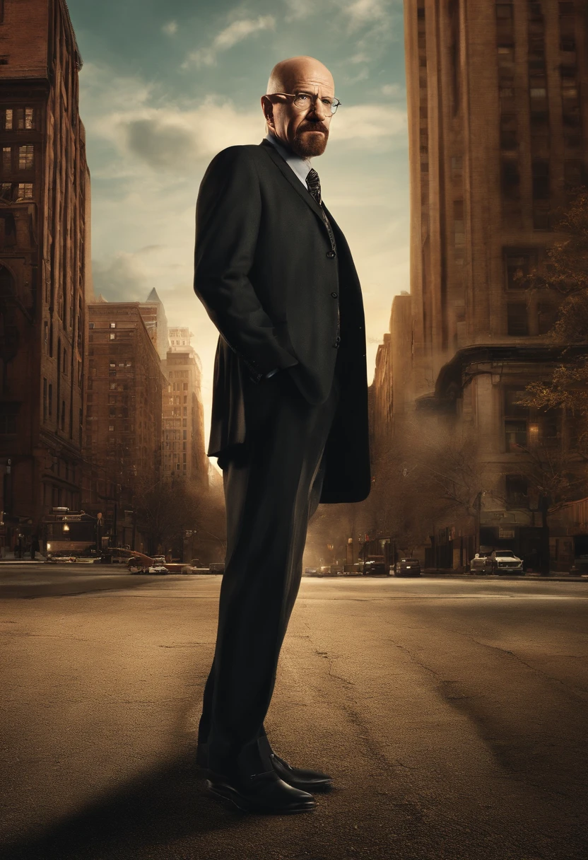 A photo of Walter standing in front of a bustling city street, wearing a tailored suit and looking out at the urban chaos.,Breaking Bad,Walter White, the central character of “Breaking Bad,” undergoes a dramatic transformation in appearance: from a meek, unassuming high school chemistry teacher with a mustache and glasses, to the bald, bearded figure known as “Heisenberg,” exuding menace and authority. His wardrobe shift from nondescript, muted clothing to darker, more assertive attire mirrors his descent into the criminal world. , male