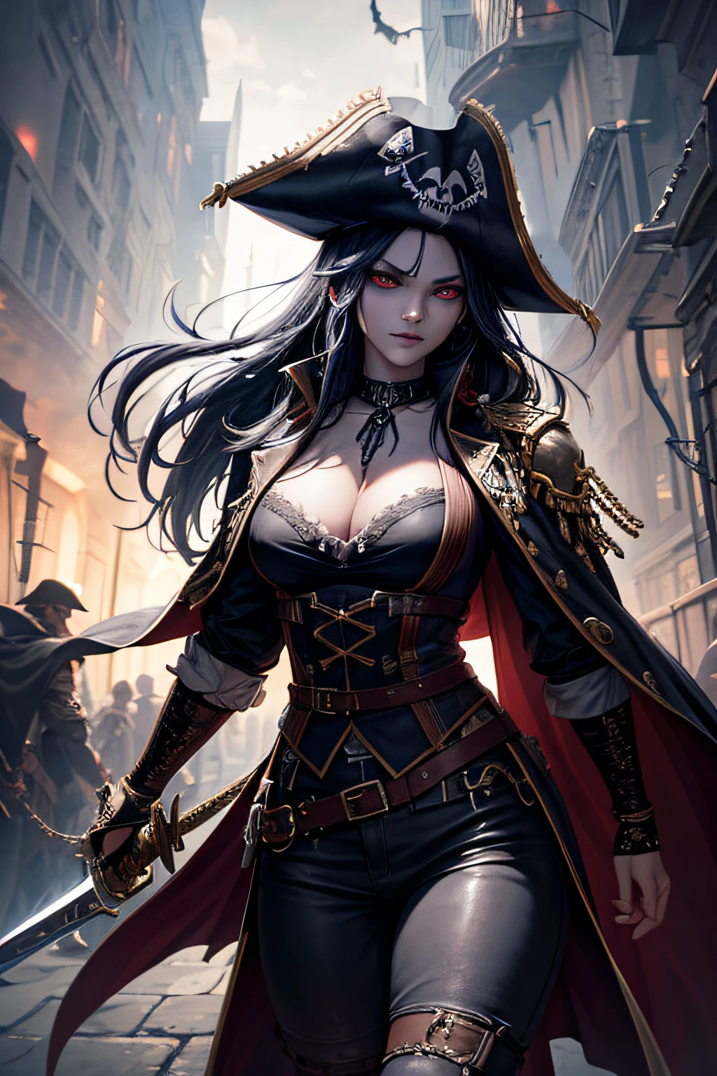 young demonic undead girl, dark pirate captain, on a ghost ship, evil look, dark make-up, ripped clothes,combat stance, wielding a sword, long pirate coat, pirate hat, highly detailed, vibrant appearance, creative behavior, extremly detailed, imaginative, sensual, spontaneous, highest quality, skin texture, intricate details, (cinematic lighting), RAW photo, 8k, masterpiece,best quality,ultra-detailed,very detailed illustrations,extremely detailed,intricate details,highres,super complex details,extremely detailed 8k cg wallpaper,