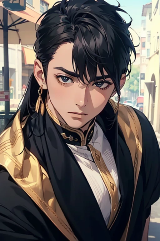 ((best quality)), ((master part)), (circunstanciado), rosto perfeito, 1st grade, sozinho, Handsome, Capuz amarelo, cabelos negros cacheados, Olhando para o Viewer, retrato, Conversando com o espectador, Estilo Fujimoto