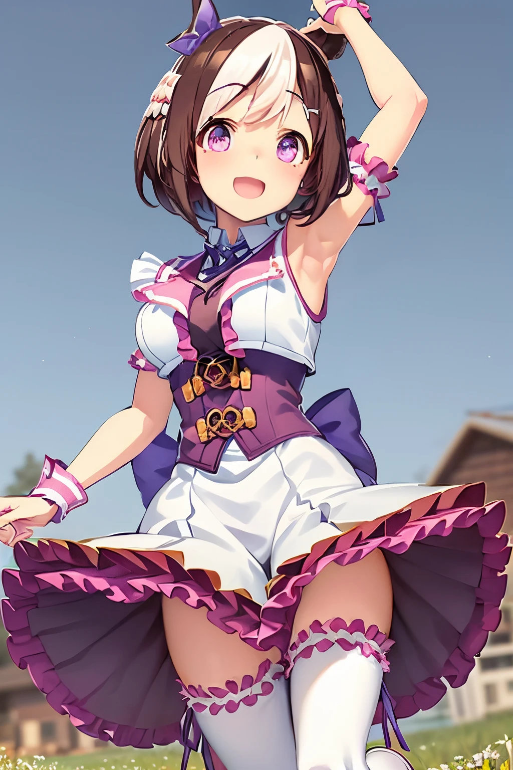 special_week_\(Umamusume)、bow ribbon、bow ribbon、bow ribbon、corsets、Fluffy breasts、nursing、toppless、teats、The upper part of the body、(Refers to the viewer:1.3)、Happiness、(meadow background:1.3), fun running poses, short-hair