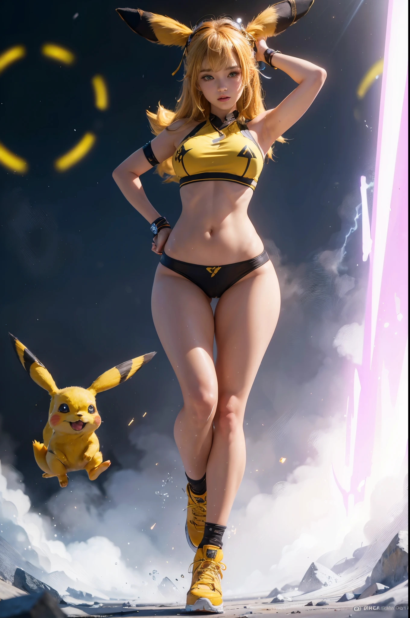 generate a female pikachu with sexy body, big breast, lightning background, thunder background, pika pika, full body picture, pretty makeup, ((low angle camera)), ((looking to the side)), hyperdetail, masterpiece, best quality:1.2),(8k,highres,RAW photo,realistic,photo-realistic:1.3),(detailed skin texture,detailed cloth texture,beautiful detailed face:1.25),professional lighting,photon mapping,beautiful soft light,radiosity,physically-based rendering,model shoot style, model shoot style, (extremely detailed CG unity 8k wallpaper), full shot body photo of the most beautiful artwork in the world, complex 3d render ultra detailed, looking at viewer, 18 yo, wet hair, real human skin, vibrant details, hyperrealistic, beautiful, octane render, 8k, best quality, masterpiece, an extremely delicate and beautiful, extremely detailed ,CG ,unity ,wallpaper, (realistic, photo-realistic:1.37),Amazing, finely detail, masterpiece,best quality,official art, extremely detailed CG unity 8k wallpaper ,extreme detailed eyes, (perfect face), shiny skin, colorful, highest detailed, vibrant colors, ultra high res, (high contrast), intricate, lens flare