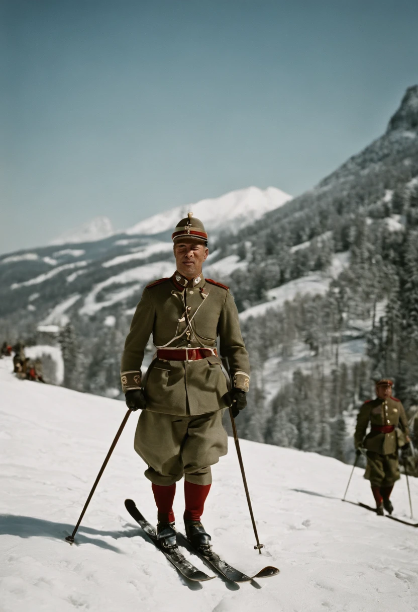 Major Lerch of the Austrian Army teaches monoskiing to 11 Japanese soldiers.、Major Lerch taught skiing techniques to 11 Japanese Army members.。Monoski with only one ski、In the snowy mountains of Niigata Prefecture、1911 photo、phot、photoreaslistic、Color、coloring、Highly colored、