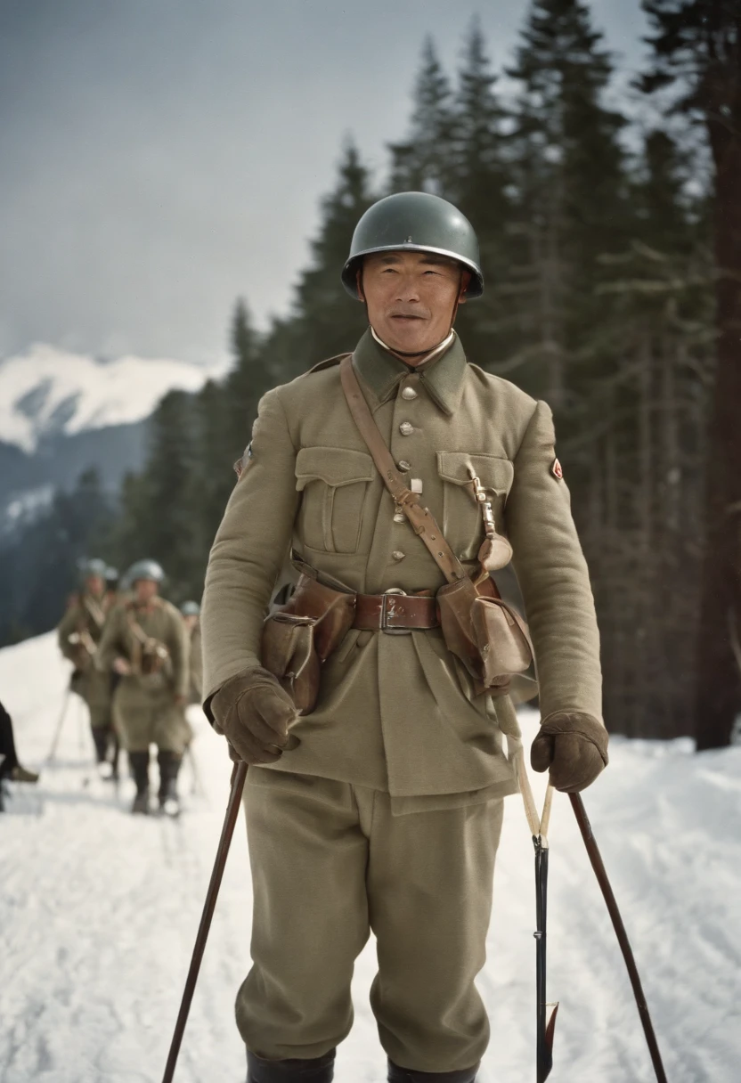 Major Lerch of the Austrian Army teaches monoskiing to 11 Japanese soldiers.、Major Lerch taught skiing techniques to 11 Japanese Army members.。Monoski with only one ski、In the snowy mountains of Niigata Prefecture、1911 photo、phot、photoreaslistic、Color、coloring、Highly colored、