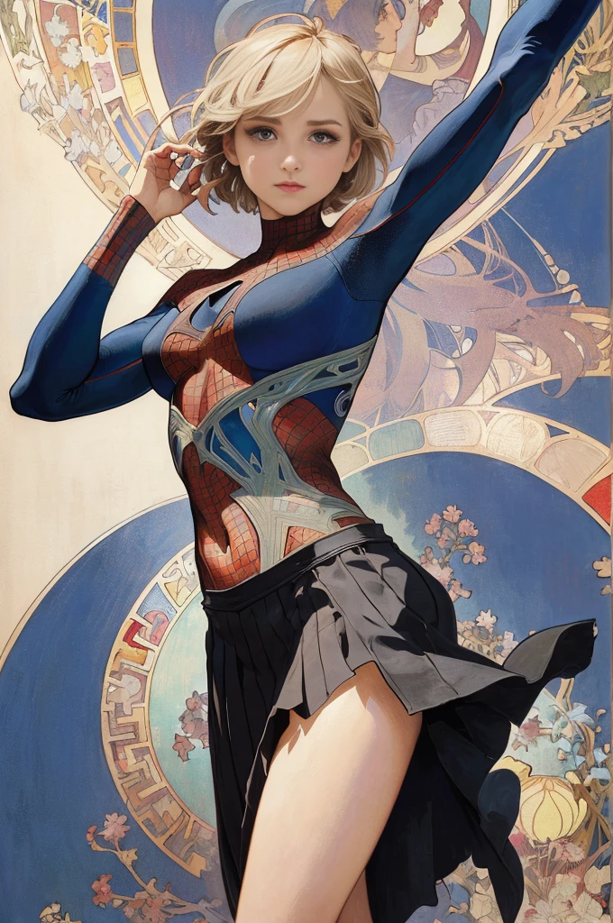 Dianna Agron、Sticking out the navel、newyork、She wears a torn Spider-Man suit,wearing skirt、abstract photorealistic、artistic、Alphonse Mucha's painting(​masterpiece、top-quality、hight resolution:1.4)、detaileds、intricate-detail、4K、color splashes、line-drawing、Fibonacci、