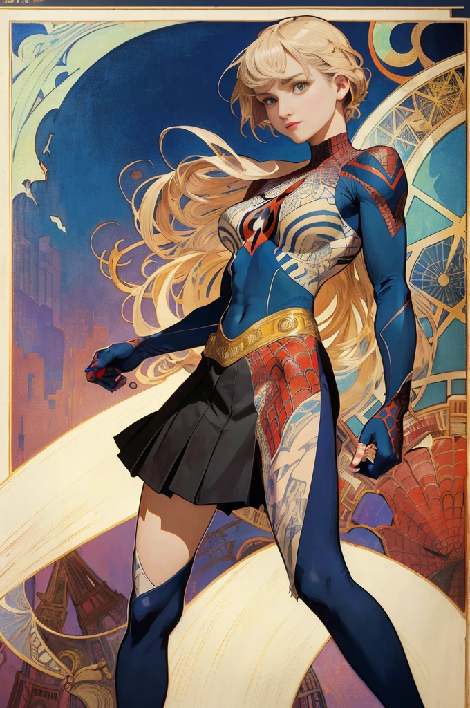Dianna Agron、Sticking out the navel、newyork、She wears a torn Spider-Man suit,wearing skirt、abstract photorealistic、artistic、Alphonse Mucha's painting(masterpiece、top-quality、hight resolution:1.4)、detaileds、intricate-detail、4K、color splashes、line-drawing、Fibonacci、
