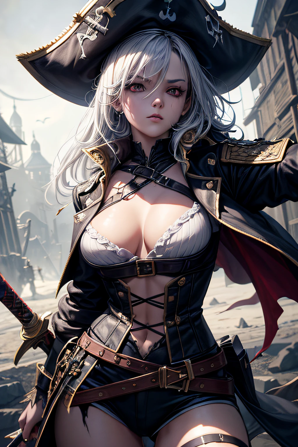 young demonic undead girl, dark pirate captain, on a ghost ship, evil look, dark make-up, ripped clothes,combat stance, wielding a sword, long pirate coat, pirate hat, highly detailed, vibrant appearance, creative behavior, extremly detailed, imaginative, sensual, spontaneous, highest quality, skin texture, intricate details, (cinematic lighting), RAW photo, 8k, masterpiece,best quality,ultra-detailed,very detailed illustrations,extremely detailed,intricate details,highres,super complex details,extremely detailed 8k cg wallpaper,