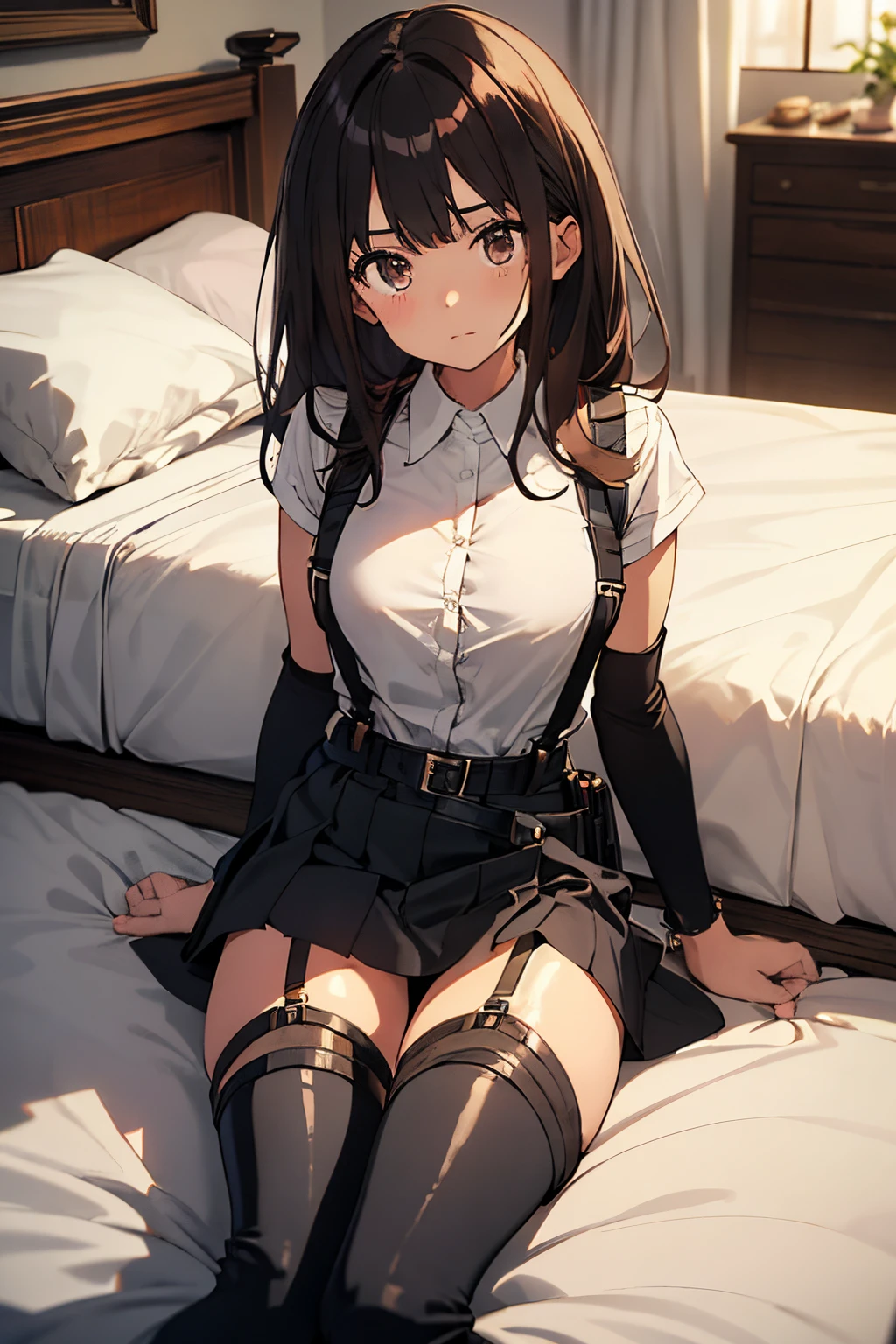 Brown hair、watching at viewers　　　black suspenders　　　Bulging big breasts　　 　 　　　walls: 　Black miniskirt　garters　　　　　　Gaze　　　Small face　bangss 　　　holster　　Belt Armament　Beautuful Women　srestrained　hands up　Lying in bed　Leg holster lying on the bed　　Gaze 　black boots panty shot