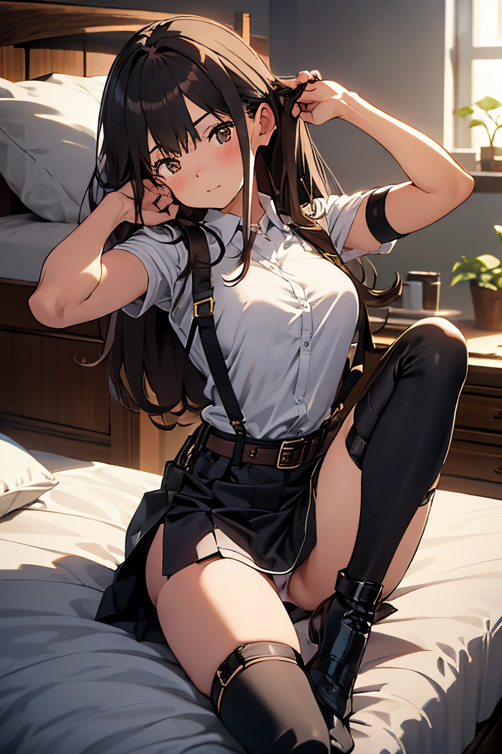 Brown hair、watching at viewers black suspenders Bulging big breasts walls: Black miniskirt garters Gaze Small face bangss holster Belt Armament Beautuful Women srestrained hands up Lying in bed Leg holster lying on the bed Gaze black boots panty shot