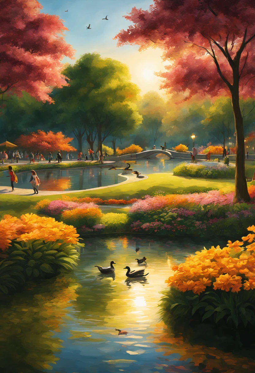 Ultrarealistic digital painting of a vibrant park bustling with people near swings, ducks gliding across a serene pond, birds darting through the sky, background foliage in mid-bloom, shadows playing on the paths, golden hour lighting, highly detailed, dramatic lighting.