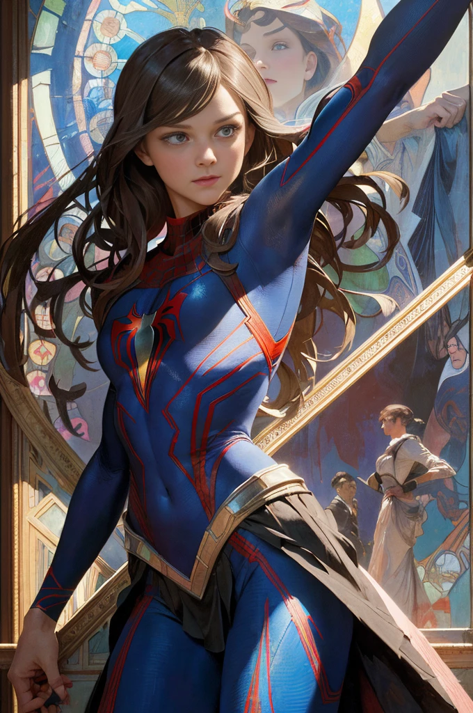 Melissa Benoist、Sticking out the navel、newyork、She wears a torn Spider-Man suit,wearing skirt、abstract photorealistic、artistic、Alphonse Mucha's painting(masterpiece、top-quality、hight resolution:1.4)、detaileds、intricate-detail、4K、color splashes、line-drawing、Fibonacci、