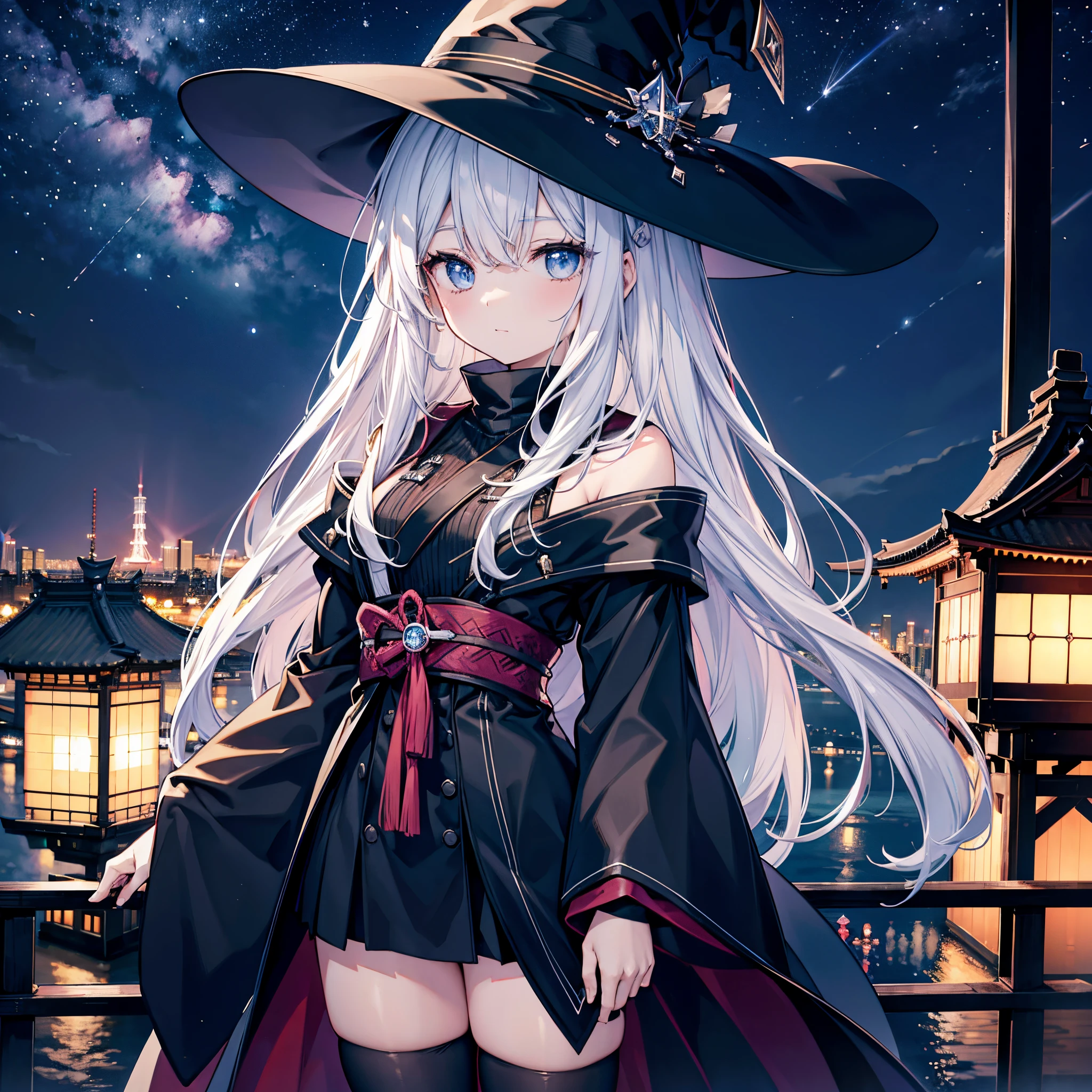 This is the rooftop of a building in Tokyo.、You can see the night view of Tokyo and the lights of Tokyo's port in the background.、I can see a meteor shower、There are two adult women, A and B, leaning on a fence.、A is a woman with white hair wearing a large black witch hat with sapphire accessories、B is a woman with dark brown hair wearing a large black witch hat with garnet accessories、witch's hat、blue eyes、wearing a black coat、Black stockings、Black spats、Two-dimensional illustration、Japan Anime、drawn by Japanese ilastrator、high-level image quality、4K picture quality、High Quality、hight resolution、5 million pixels、high détails、beatiful backgrounds