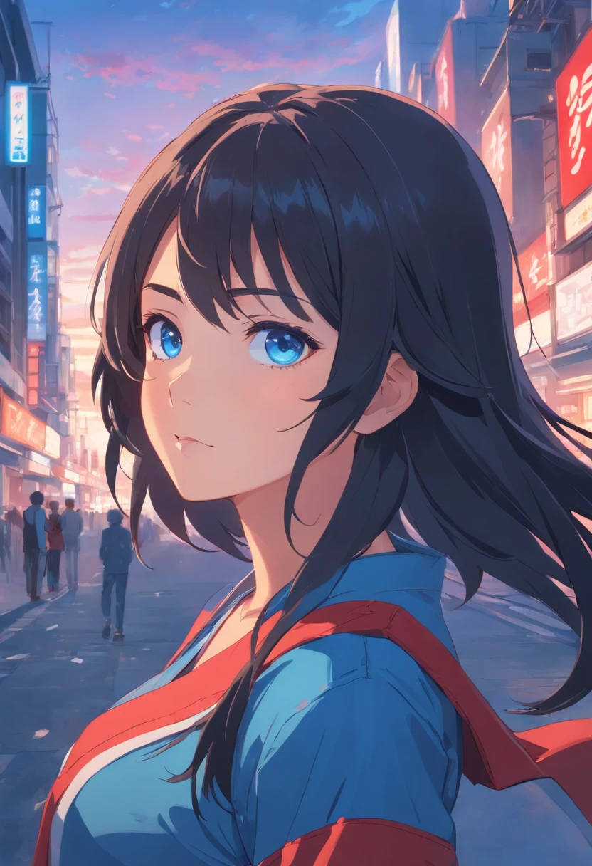 1girl in, Black hair and blue eyes, big breasts dressed in blue and red