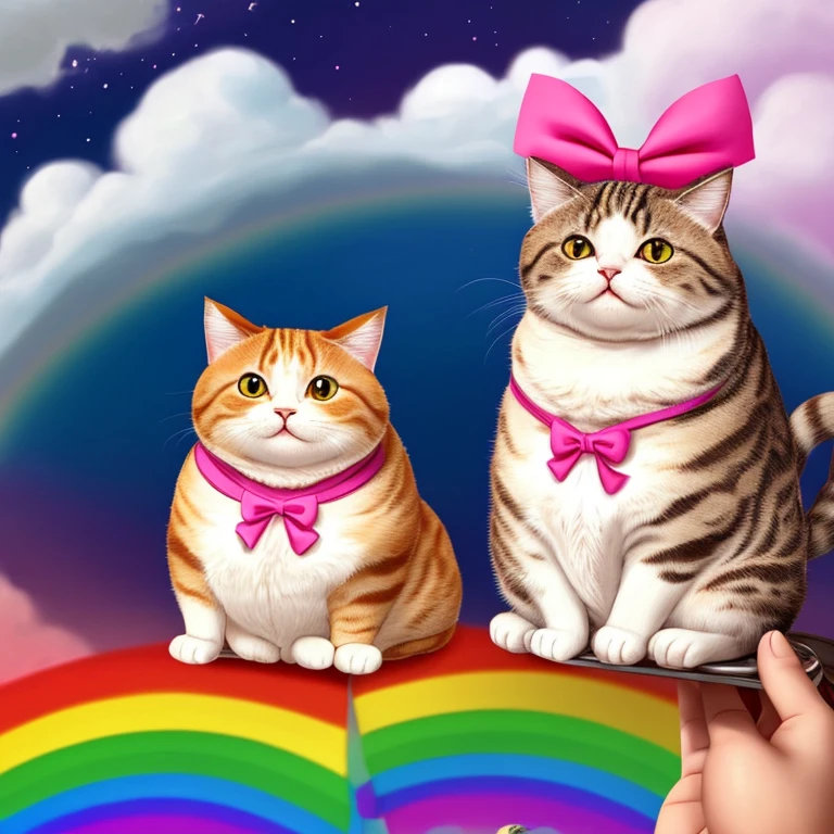 make cute fat cats that travel over the rainbow together and the cats wear pink bows
