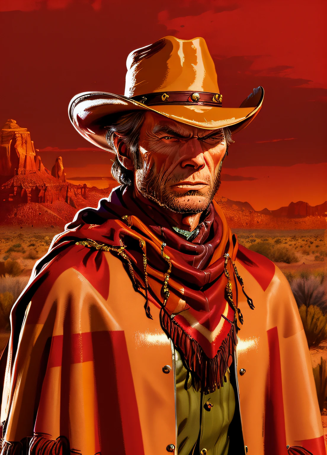 (Altas,ultra-detalhado,Realistic:1.2),R3DD34Dstyle,pintura digital,Clint Eastwood,cowboy hat,(poncho marrom brilhante:1.3),no deserto,(red skies:1.3)