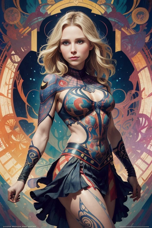 Kristen Bell、Sticking out the navel、newyork、She wears a torn Spider-Man suit,wearing skirt、abstract photorealistic、artistic、Alphonse Mucha's painting(​masterpiece、top-quality、hight resolution:1.4)、detaileds、intricate-detail、4K、color splashes、line-drawing、Fibonacci、