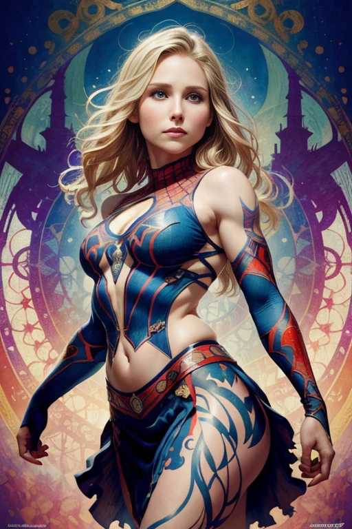 Kristen Bell、Sticking out the navel、newyork、She wears a torn Spider-Man suit,wearing skirt、abstract photorealistic、artistic、Alphonse Mucha's painting(masterpiece、top-quality、hight resolution:1.4)、detaileds、intricate-detail、4K、color splashes、line-drawing、Fibonacci、