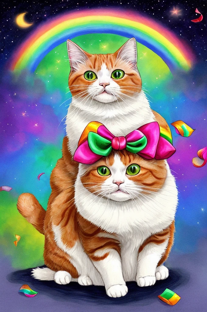 draw cute fat cats that travel over the rainbow together and the cats also wear pink bows
