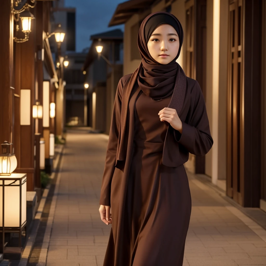 17 year old, Saori Minami, ( Ran Mouri 1.3),wearing dark brown suit , wearing hijab scarf, dress cover up, polite girl, cinematic scene, masterpiece, 4k hd, 8k hd