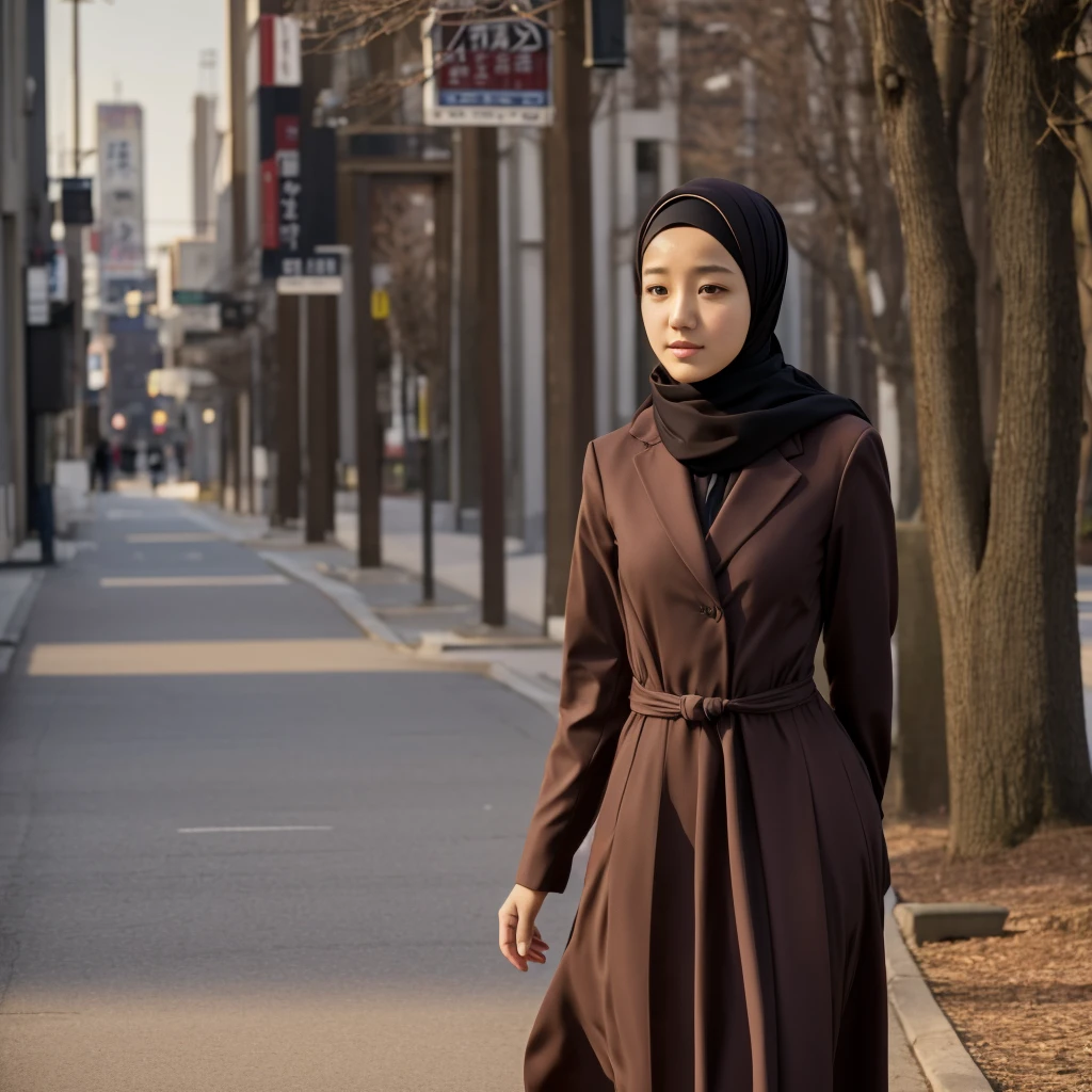 17 year old, Saori Minami, ( Ran Mouri 1.3),wearing dark brown suit , wearing hijab scarf,  dress cover up, polite girl, cinematic scene, masterpiece, 4k hd, 8k hd