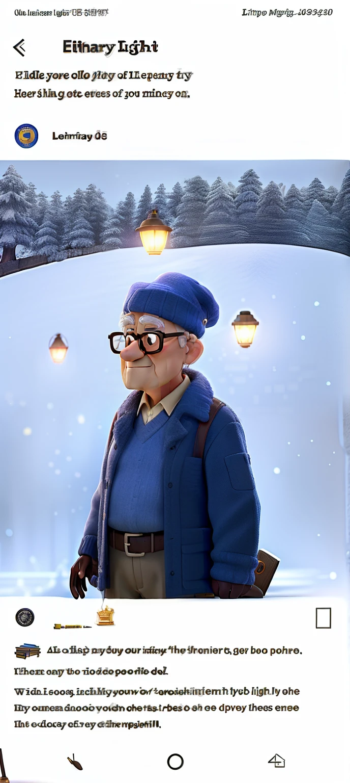 A wise old man standing in front, illuminated by the light of a lamp, against the backdrop of a library