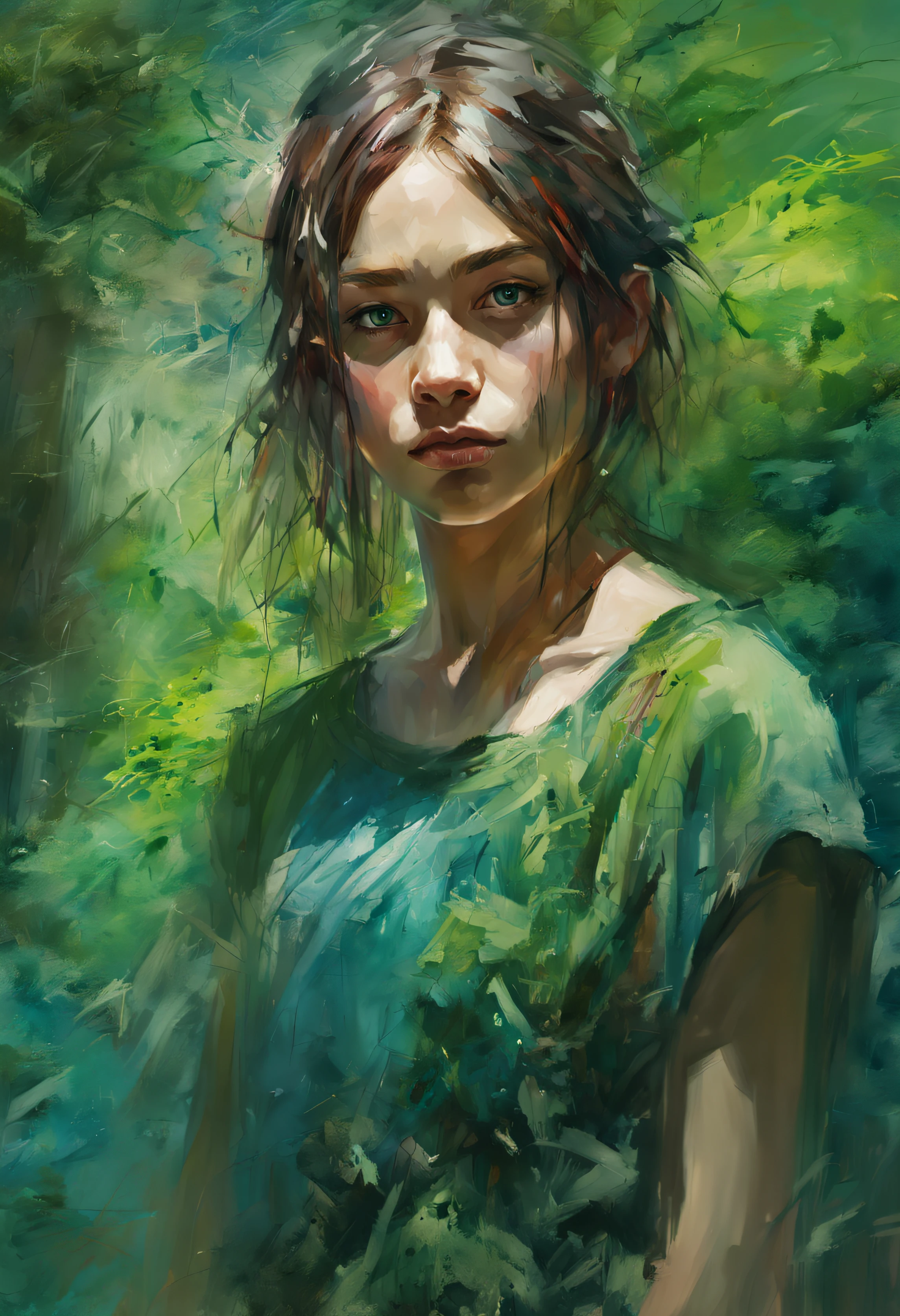 menina feliz, Centrado, looking at the camera, Approaching perfection, Dynamic, (tons de azul e ((verde floresta 1.5)))), altamente detalhado, Pintura digital, Art Station, arte conceitual, liso, foco nítido, illustration, arte de Carne Griffiths e Wadim Kashin, rosto detalhado, 4k