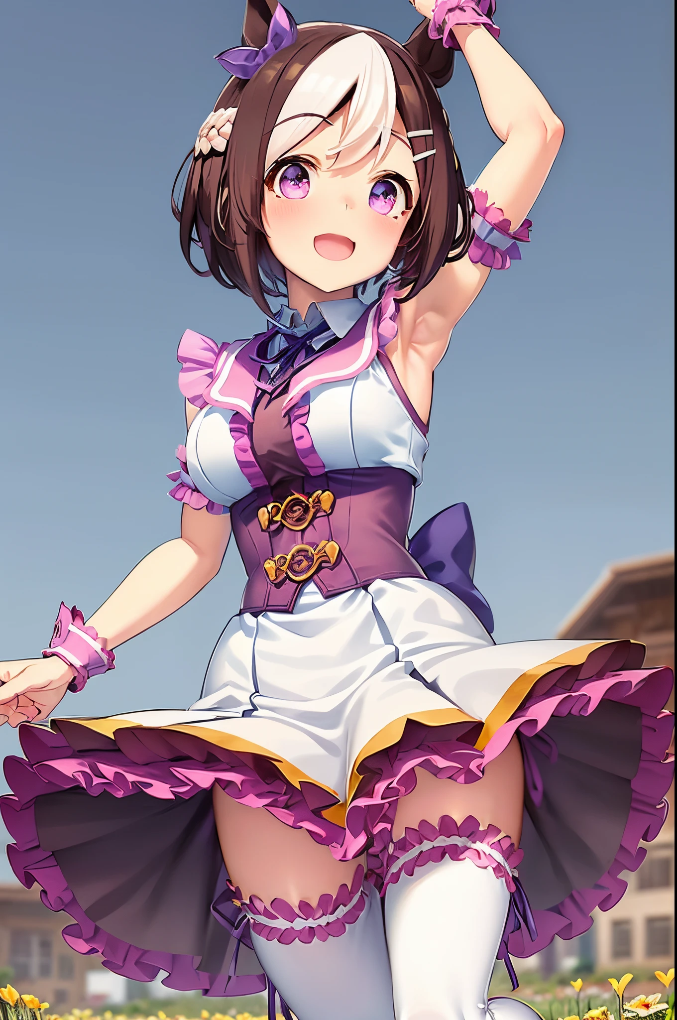 special_week_\(Umamusume)、bow ribbon、bow ribbon、bow ribbon、corsets、Fluffy breasts、nursing、toppless、teats、The upper part of the body、(Refers to the viewer:1.3)、Happiness、(meadow background:1.3), fun running poses, short-hair, The horse's tail grows