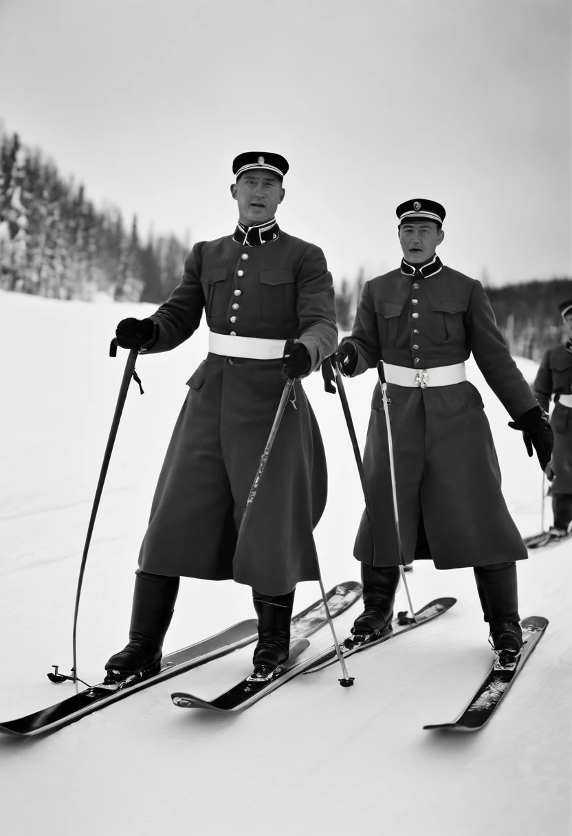 Austrian Army Major Theodor Edler von Lerch teaches 11 Japanese soldiers how to use a single-board monoski.、Major Lerch taught skiing techniques to 11 members of the Japanese Army., (((Monoski with only one ski)))、In the snowy mountains of Niigata Prefecture、1911 photo、phot、photoreaslistic、Color、Coloring、Highly colored、