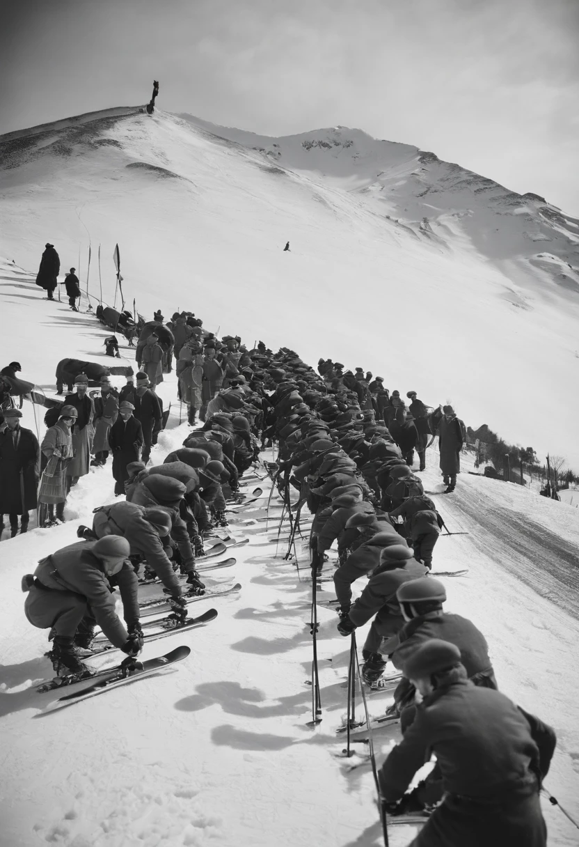 Austrian Army Major Theodor Edler von Lerch teaches 11 Japanese soldiers how to use a single-board monoski.、Major Lerch taught skiing techniques to 11 members of the Japanese Army., (((Monoski with only one ski)))、In the snowy mountains of Niigata Prefecture、1911 photo、phot、photoreaslistic、Color、Coloring、Highly colored、