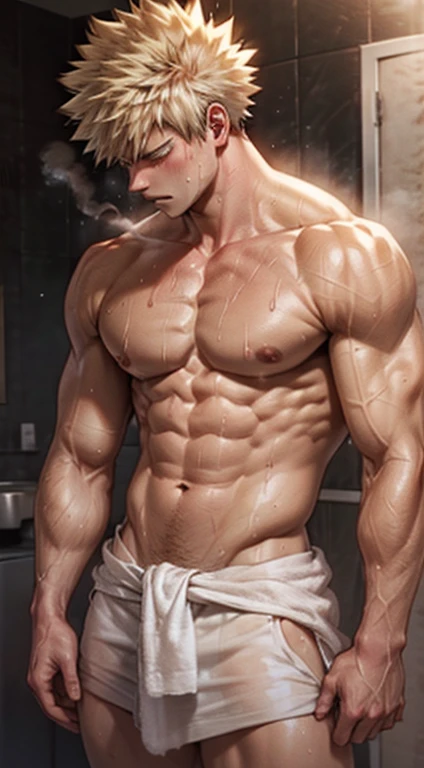 muscular fit Bakugou Katsuki towel wrapped around waist, bare chested sweating heavily. Bathroom scene, (steam:1.1),