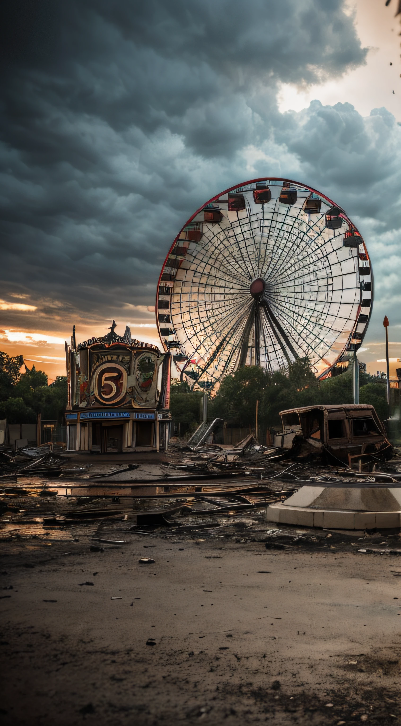 Ruines apocalyptiques du parc d’attractions, Château Disneyland détruit, Maison de poupée en feu, Attractions détruites, Mickey sur le terrain, en ruines, Atmosphère apocalyptique, Il règne un étrange silence matérialisé par des nuages sombres, arbres déracinés, Verre brisé, (Éclairage de film, 16k, meilleur qualité, Hdr, Meilleure résolution, Pièce maîtresse: 1.2), manèges cassés, et des montagnes en ruine, mascottes en feu, une grande roue surplombant le parc, un carrousel dégradé, Bokeh, Photographie réaliste, Canon 5d4.
