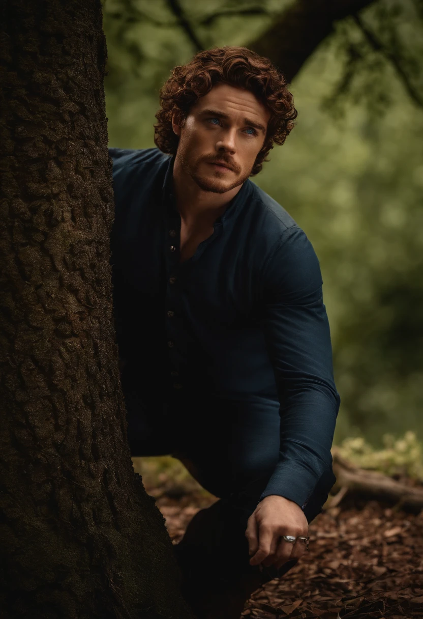 A photo of Robb enjoying a quiet moment by the weirwood tree,Game of Thrones TV series,Robb Stark has curly auburn hair, blue eyes, and stubble. Famously portrayed by Richard Madden., male