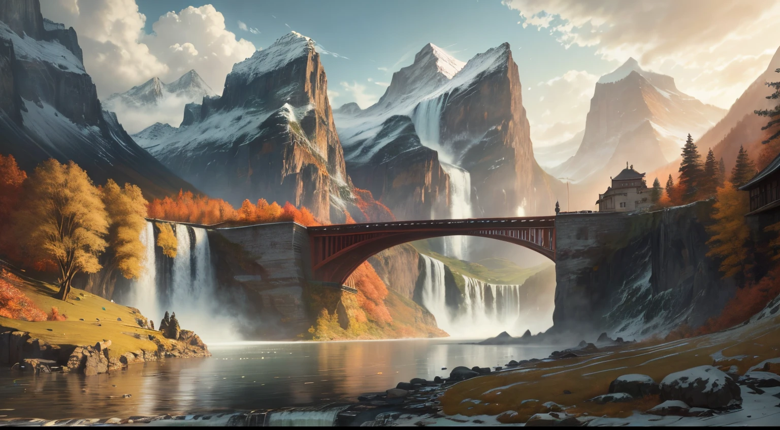 there is a painting of a waterfall and a bridge in the mountains, beautiful art uhd 4 k, 4k highly detailed digital art, detailed painting 4 k, detailed scenery —width 672, a beautiful artwork illustration, 8k stunning artwork, 4k detailed digital art, beautiful digital painting, 8k high quality detailed art, digital painting highly detailed