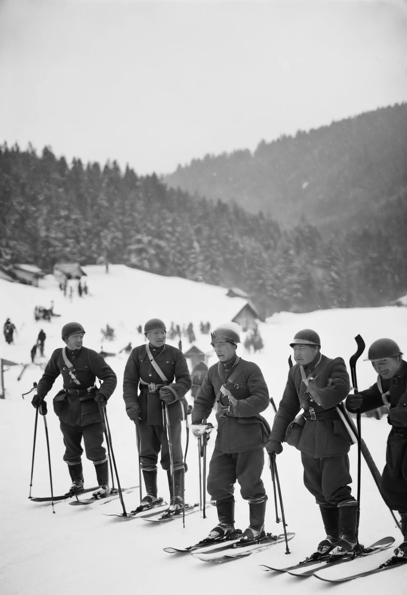 Major Theodor Edler von Lerch of the Austrian Army joins 11 Japanese soldiers(((single board monoski)))teach how to use.、Major Lerch taught skiing techniques to 11 members of the Japanese Army.., (((Monoski with only one ski)))、In the snowy mountains of Niigata Prefecture、1911 photo、phot、photoreaslistic、Color、Coloring、Highly colored、