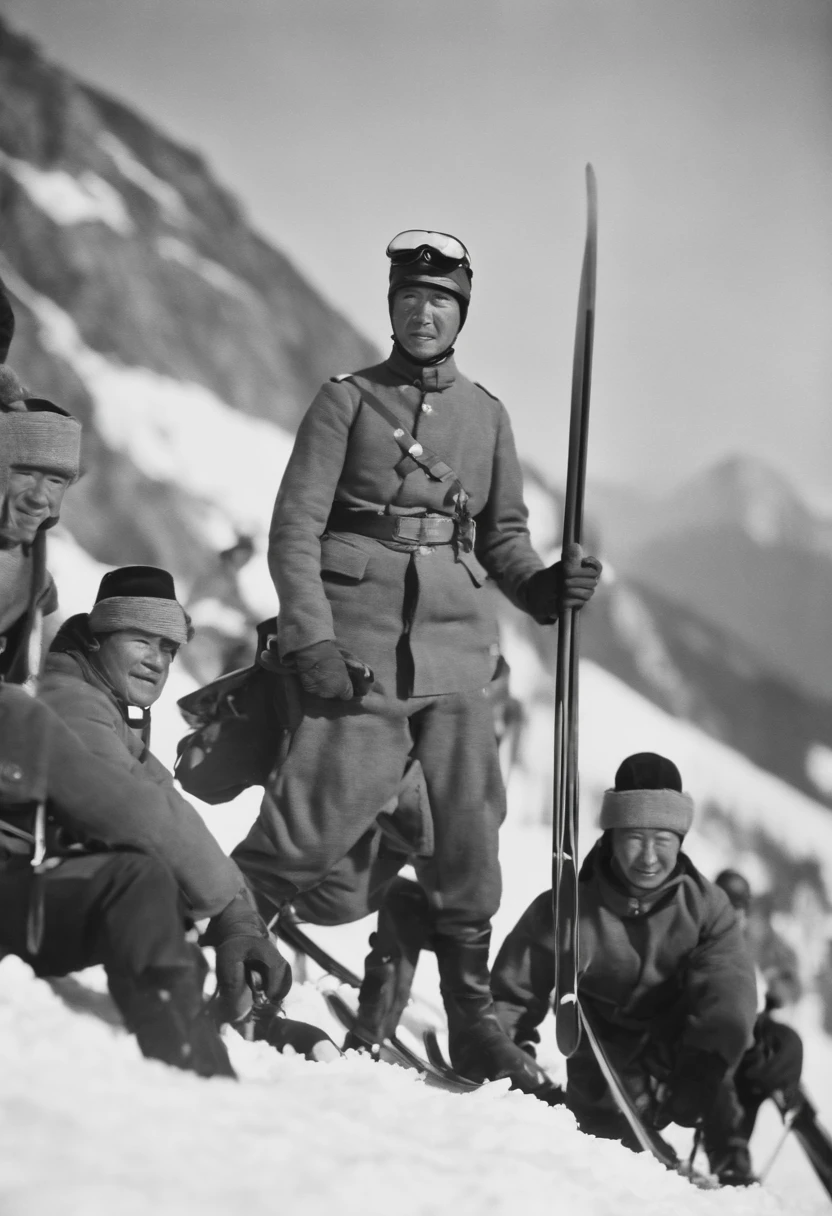 Major Theodor Edler von Lerch of the Austrian Army joins 11 Japanese soldiers(((single board monoski)))teach how to use.、Major Lerch taught skiing techniques to 11 members of the Japanese Army.., (((Monoski with only one ski)))、In the snowy mountains of Niigata Prefecture、1911 photo、phot、photoreaslistic、Color、Coloring、Highly colored、