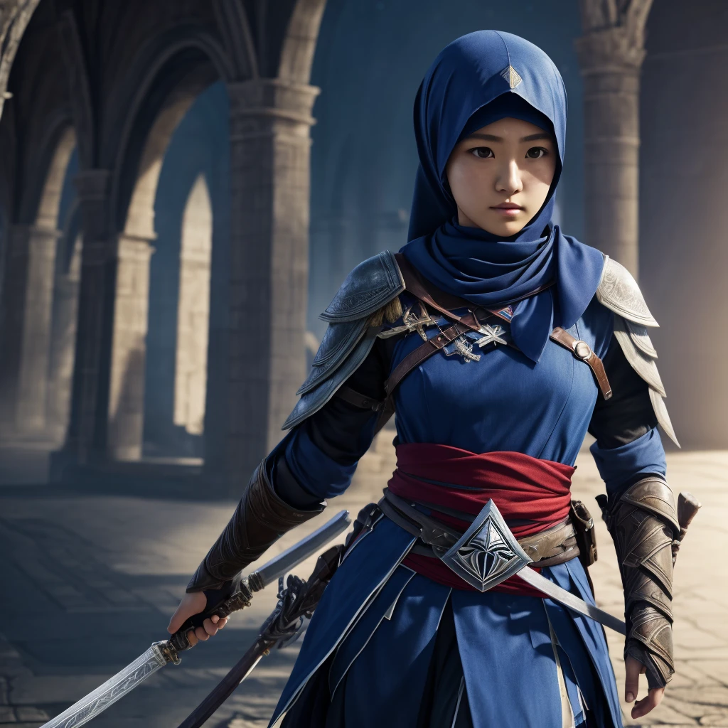 17 year old, Saori Minami, ( Ran Mouri 1.3),wearing blue warrior outfit, wearing hijab scarf, Assassin's Creed, warrior, cinematic scene, masterpiece, 4k hd, 8k hd