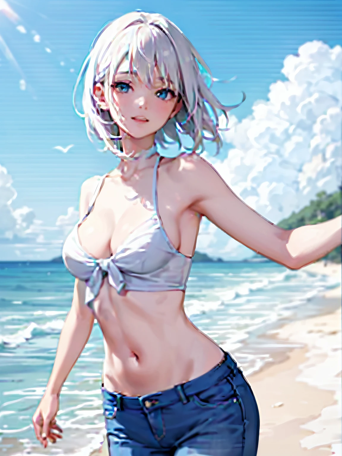 (best quality,4k,8k,highres,masterpiece:1.2),ultra-detailed,(realistic,photorealistic,photo-realistic:1.37),anime girl with white hair,blue jeans,on the beach,short white hair,beautiful detailed eyes,beautiful detailed lips,extremely detailed eyes and face,long eyelashes,sunny beach scene,turquoise blue sea,soft sandy beach,vibrant and lively atmosphere,gentle sea breeze,faint sound of waves crashing,peaceful and relaxing mood,sunlight casting a warm glow on the scene,sparkling water reflecting the sunlight,girl standing on the shore with a confident stance,her short white hair blowing in the wind,girl wearing a pair of stylish blue jeans,accentuating her slender figure,white crop top that flatters her fair skin,sparkling blue eyes filled with liveliness,warm smile that radiates happiness and joy,she holds her arms outstretched,as if embracing the beauty of the beach,footprints in the sand leading towards her,suggesting that she has been exploring the beach,seagulls soaring in the sky above her,the girl's presence adds a touch of elegance to the beach,image captured in a vibrant and colorful anime style,portraying the girl's vibrant personality and the lively beach environment,colors range from warm golden hues to cool shades of blue and turquoise,creating a harmonious and visually appealing color palette.