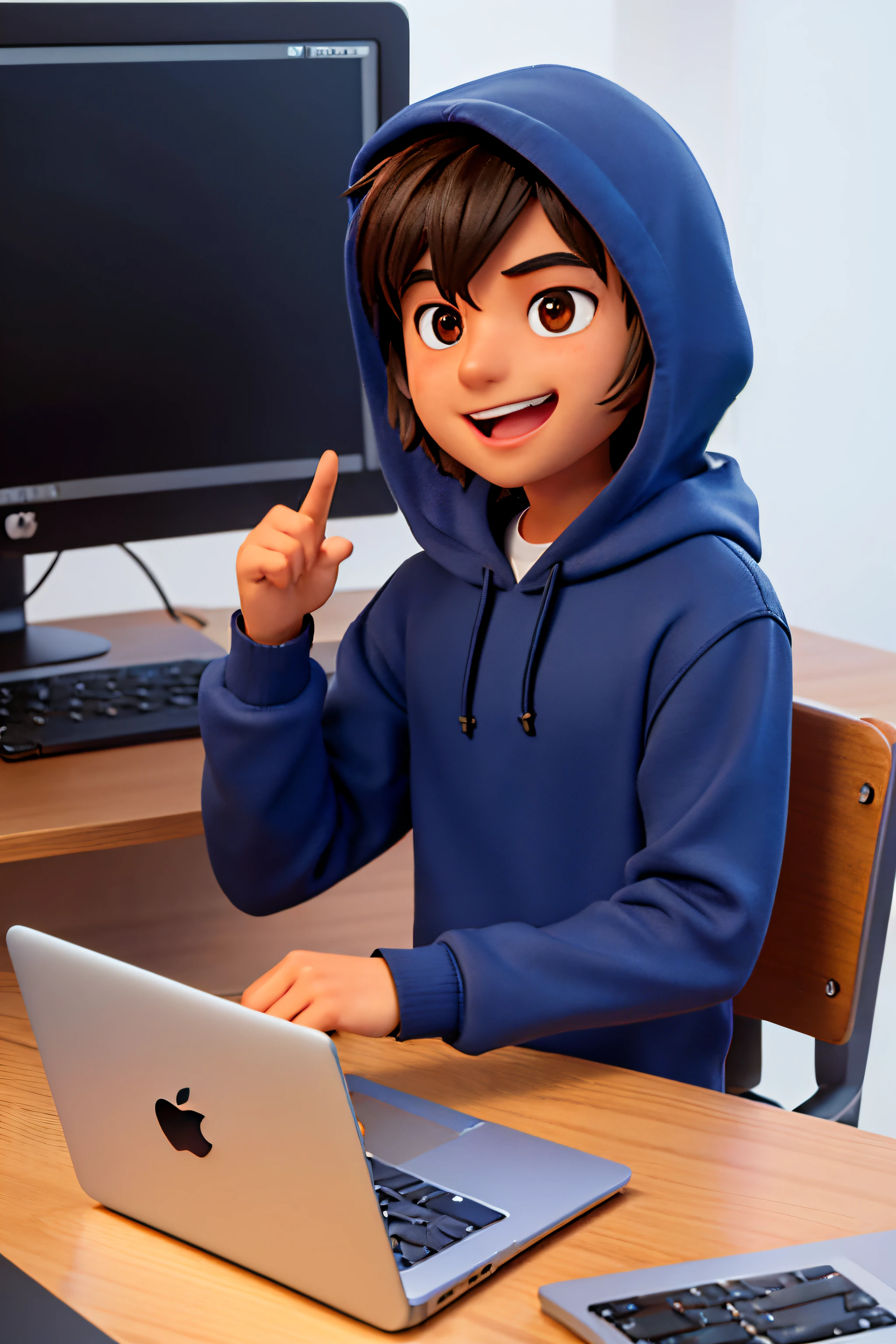 3D character, a young man with brown eyes in his 20s wearing a dark blue hoodie sitting on a desk programming on his laptop, hands on keyboard, eyes looking on the screen, looking joyfully confident, smile, working on apple MacBook ,white background, medium length hair, perfect hands, no clipping, no distortions