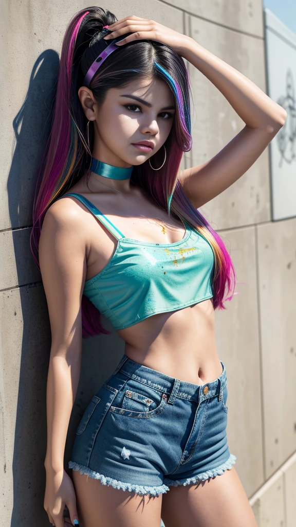 Selena Gomez、masterpiece, top-quality, 1girl in, 独奏, croptop, Denim shorts, a choker, (doodle:1.5), Paint Splatter, arms behind back, Hitting a wall, Look at viewers, Armbands, Thigh strap, Paint on the body, tilt of the head, tedium, O cabelo multicolorido, Aqua Eye, headset on head,