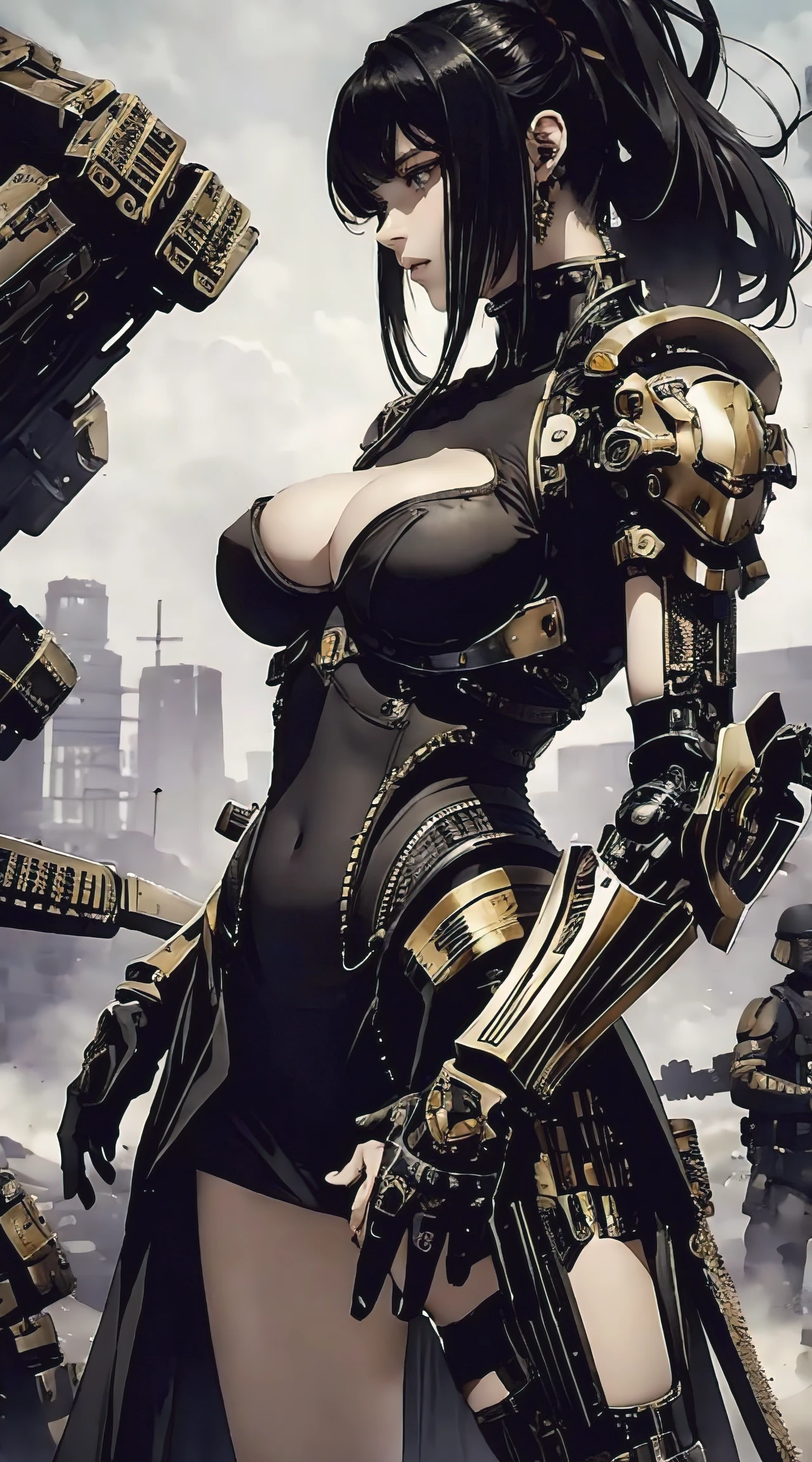 (masterpiece, best quality), 1 girl, perfect slim body, nice breasts, oriental detailed background, science fiction, mechanical arms, war, surrounded by monster army, techwear with elaborate details, military uniform