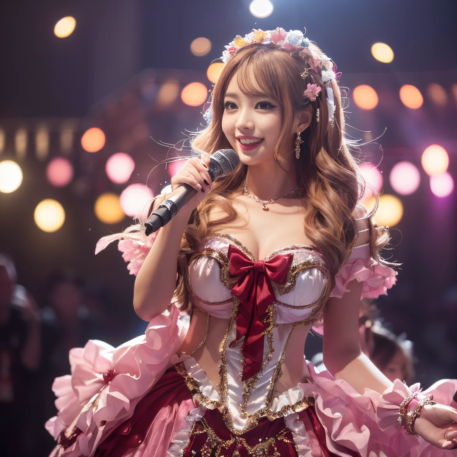 ((Best Quality, masutepiece, 超A high resolution、The most complex and detailed depictions))、Live stage with a large audience、(View me:1.3)、Pink costume、(A very realistic and luxurious stage:1.3)、1 girl in、perfect real idol、large full breasts、long beautiful legs、Biggest smile、look at me and smile big、Dancing and singing、Holding the microphone in her hand、accurate and perfect microphone、(Gorgeous and cute idol costumes:1.2)、(Cute and luxurious idol costumes with lots of frills:1.2)、(Girly and luxurious idol costumes:1.2)、Colorful and gorgeous light up、stunning light up、(Detailed and realistic full-scale live stage:1.2)、(ultra-fine lighting:1.1)、(View me:1.2)、(accurate anatomy:1.3)